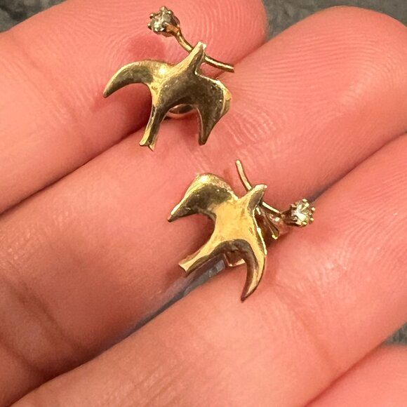 Vintage 14K Gold Bird Earrings w/ Diamond / czAccent 585 Marked Studs back Read! - Picture 1 of 10